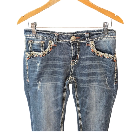 Grace In LA Distressed Embroidered Low Rise Bootcut Blue Jeans 29 - Picture 2 of 7